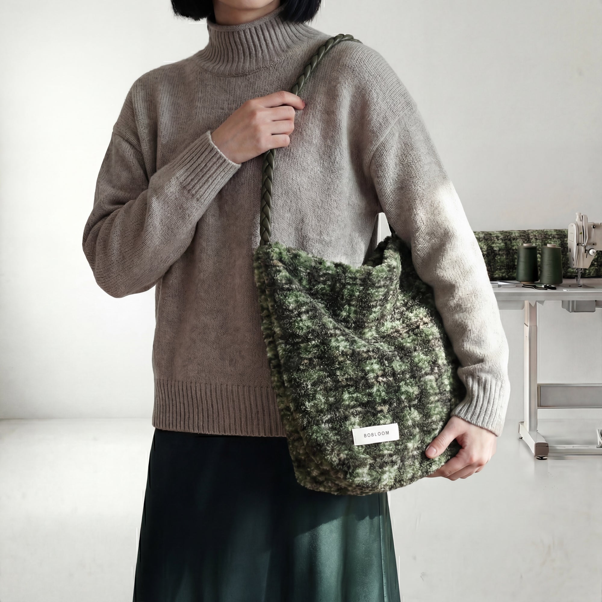 ボア（ミックスチェック柄）ショルダーバッグ｜深緑系