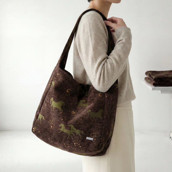 苔影の午｜馬柄シェニールジャカード ショルダーバッグ 1