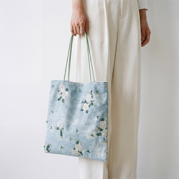 水影フラワー｜ビーズ刺繍デニムトートバッグ 2