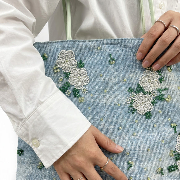 水影フラワー｜ビーズ刺繍デニムトートバッグ 3